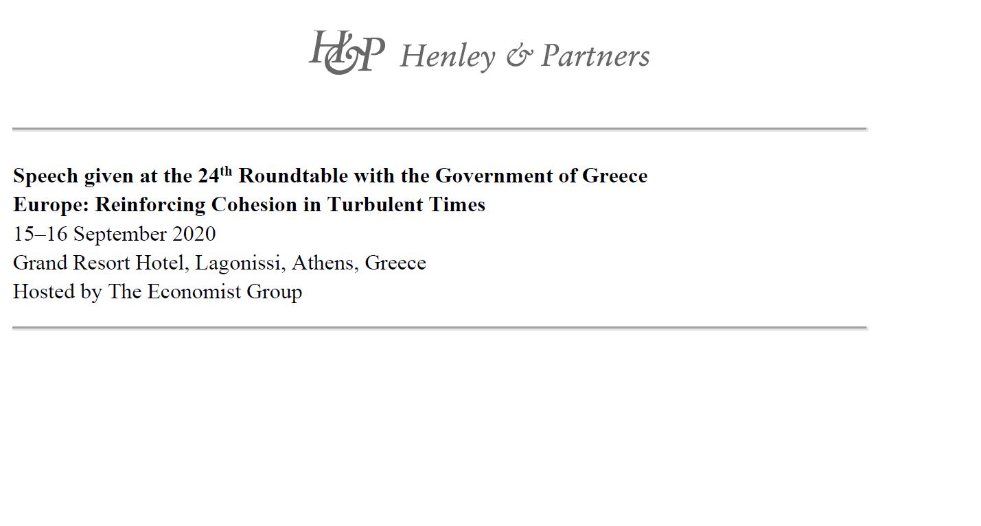 Speech Given at The Economist’s 24th Roundtable with the Government of Greece, Athens, 16 September 2020