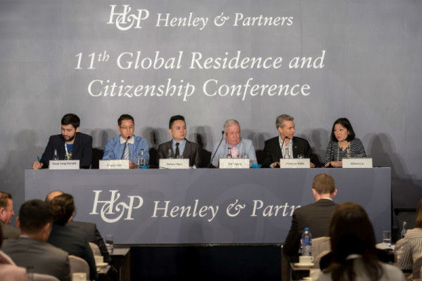 14-16 November 2017, Hong Kong. 11th Global Residence and Citizenship Conference. From left – Cesar Jung Harada, Shaun Rein, Simon Shen, Jim Rogers, Christian Kälin, and Juliana Liu