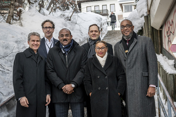 23 January 2019, Davos. From left – Christian Kälin, Juerg Steffen, Prime Minister of Antigua and Barbuda Hon. Gaston Browne, Dominique Bolli, Gaye Hechme, and Colin Murdoch