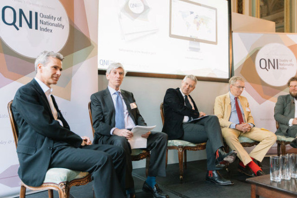 20 April 2018, Draper’s Hall London. At the launch of the 3rd Quality of Nationality Index. From left – Christian Kälin, Sir Christopher Meyer, Justin Webb, Vernon Bognador, and Prof. Dimitry