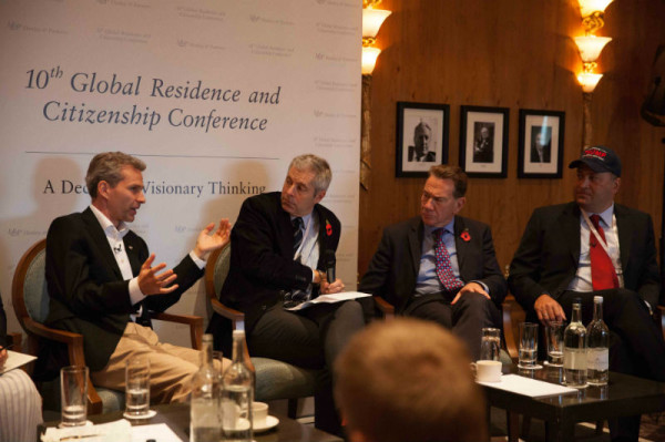 9-11 November, 2016.10th Global Residence and Citizenship Conference, London. Media panel debate with, from left – Christian Kälin, Justin Webb, Rt. Hon. Michael Portillo, and Dimitry Afanasi